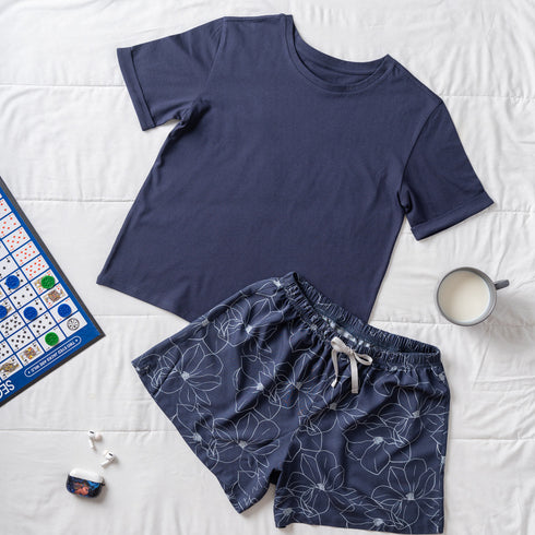 Women summer pajama set Dark blue Tee + Magnolia floral shorts